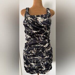NWT Express Ruched Satin Stretchy Bodycon Black Floral Dress 12 L XL Y2K